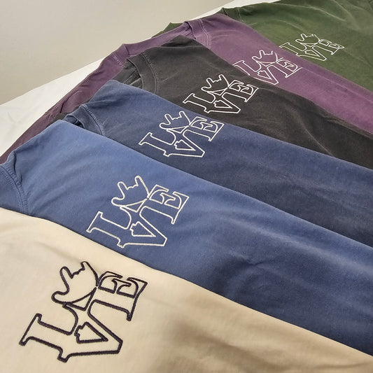 Embroidery - LOVE on left chest.